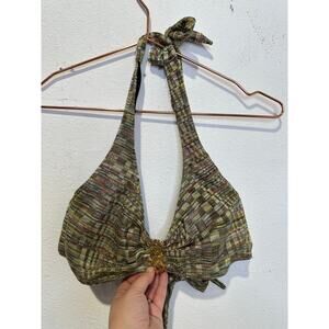 AERIN ROSE Green Multicolored Halter Tie Neck Gold Accent Swimsuit Top size 32D